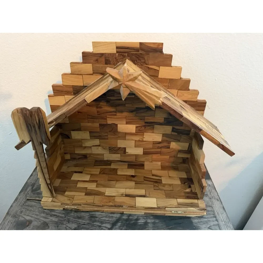 Hand Carved Olive Wood Nativity Set Bethlehem Holy Land 14 Pc Folding Stable